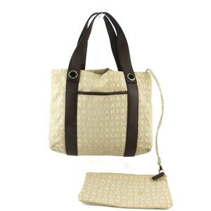 BVLGARI Tote Bag Logocomania Beige Canvas ~ Leather Auth Used T18196